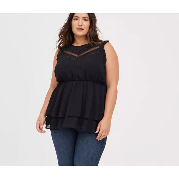 Torrid Babydoll Crinkle Chiffon Lace Inset Top Size 2 - Picture 1 of 15